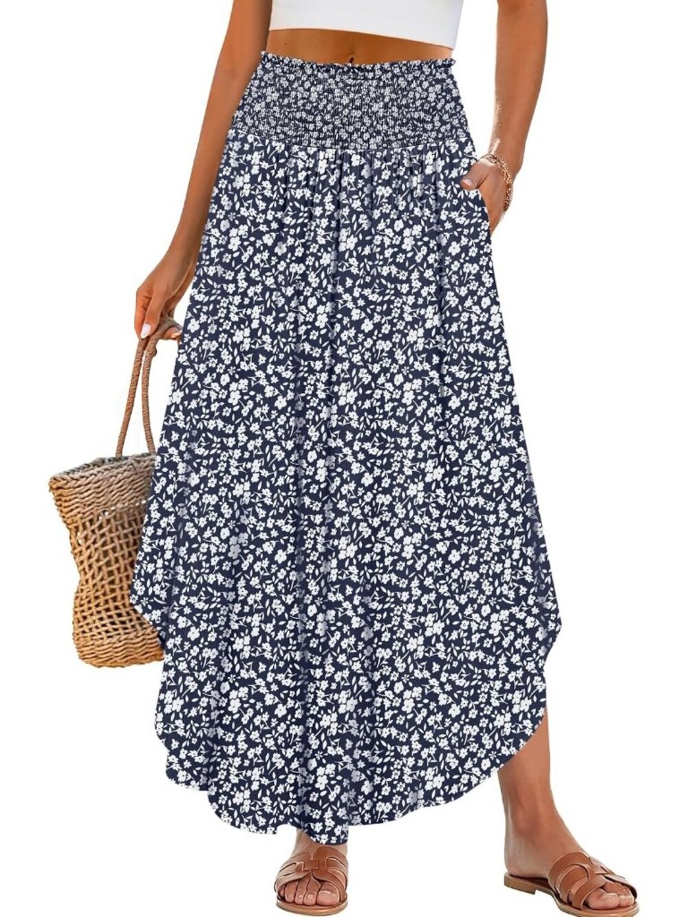Women's Navy Blue Boho Floral High Waisted Smocked Flowy Pocket Maxi Skirt